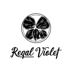 regal violet logo. a picture of a black and white violet in a circle with the text regal violet underneath. 